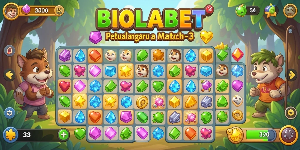 Screenshot menunjukkan gameplay seru dari BIOLABET pada level Match-3.