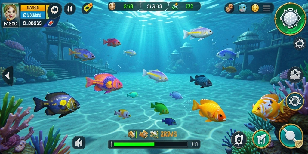 Tampilan gameplay seru di CERITOTO dengan ikan berwarna-warni.