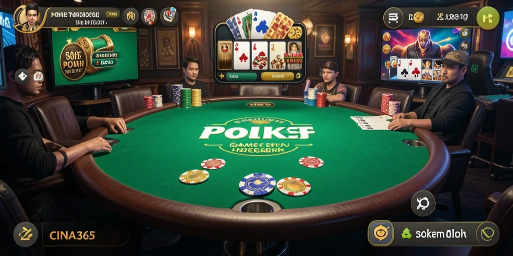 Screenshot CINA365 menampilkan suasana permainan poker yang intens dan kompetitif.