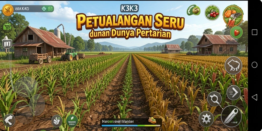 Screenshot K3K3 menampilkan aktivitas pertanian yang menyenangkan dan interaktif.
