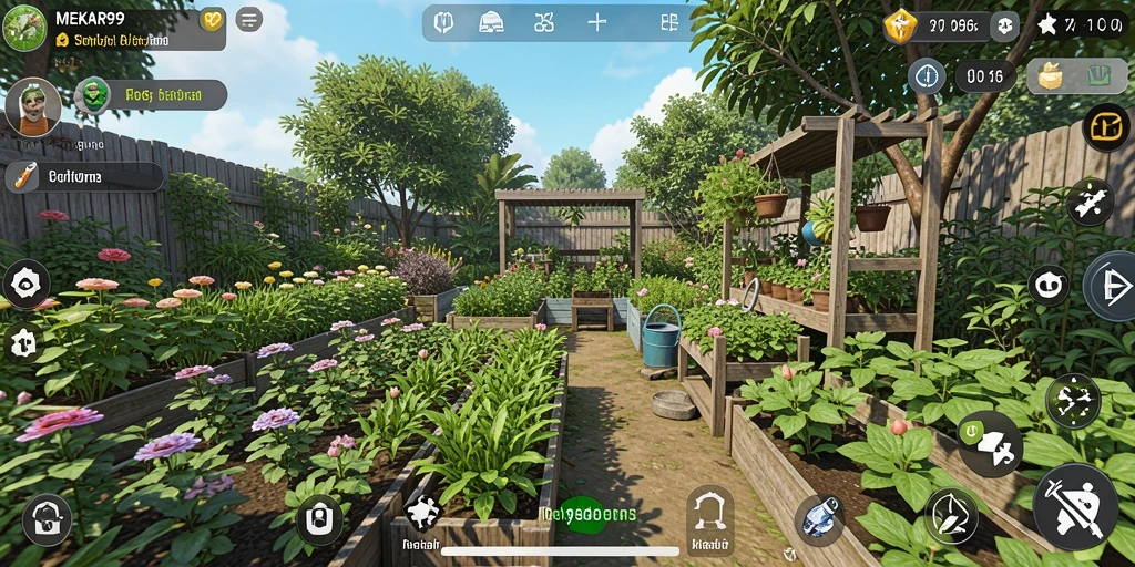 Screenshot utama MEKAR99 menampilkan kebun yang rimbun dan penuh warna.