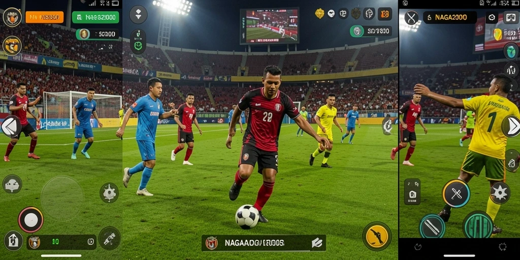 Screenshot utama NAGA2000 menunjukkan aksi seru di lapangan sepak bola.