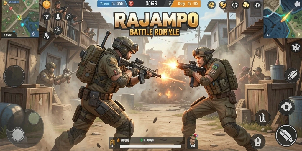 Screenshot utama RAJAMPO menampilkan aksi seru dalam gameplay Battle Royale.