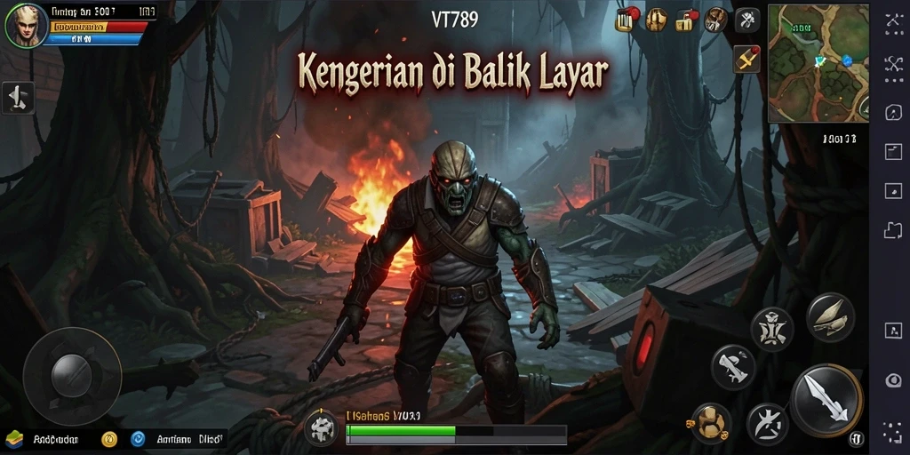 Tampilan gameplay VT789 dengan suasana mencekam dan makhluk menyeramkan.